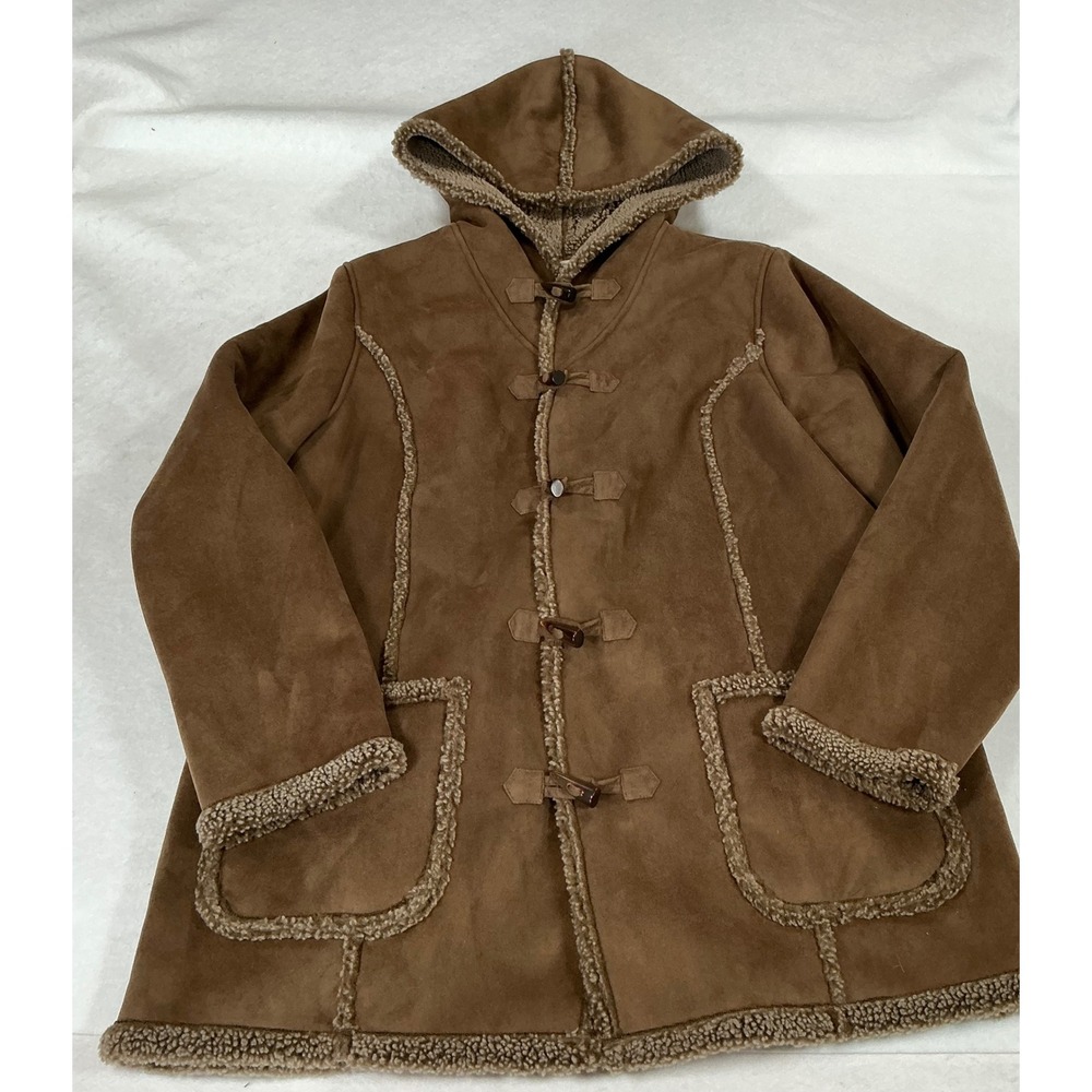 LL Bean Womens XL Brown Faux Suede Shearling Lined Hooded Toggle Duffle Coat